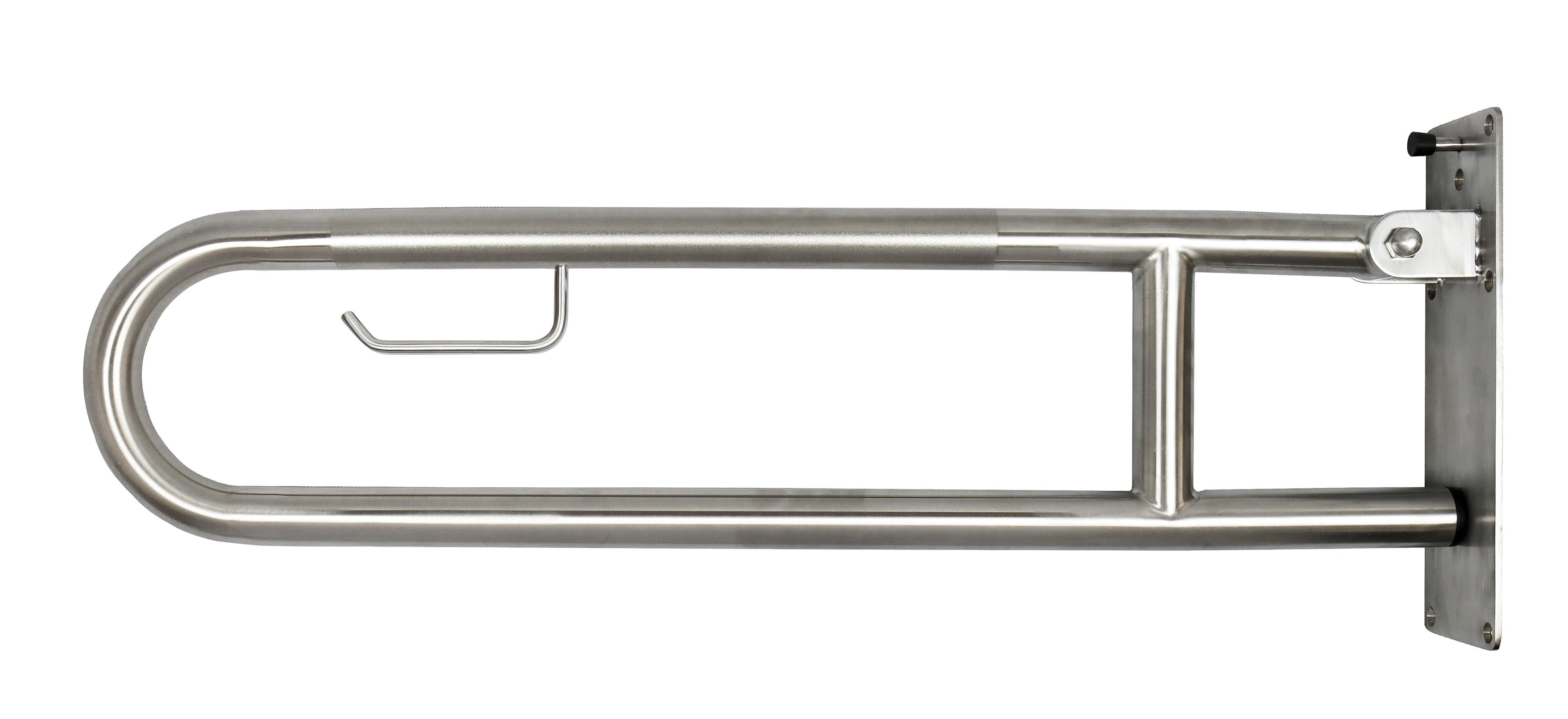 Drop down grab rail, with toilet roll holder, 35mm diameter x 800mm, peened stainless steel