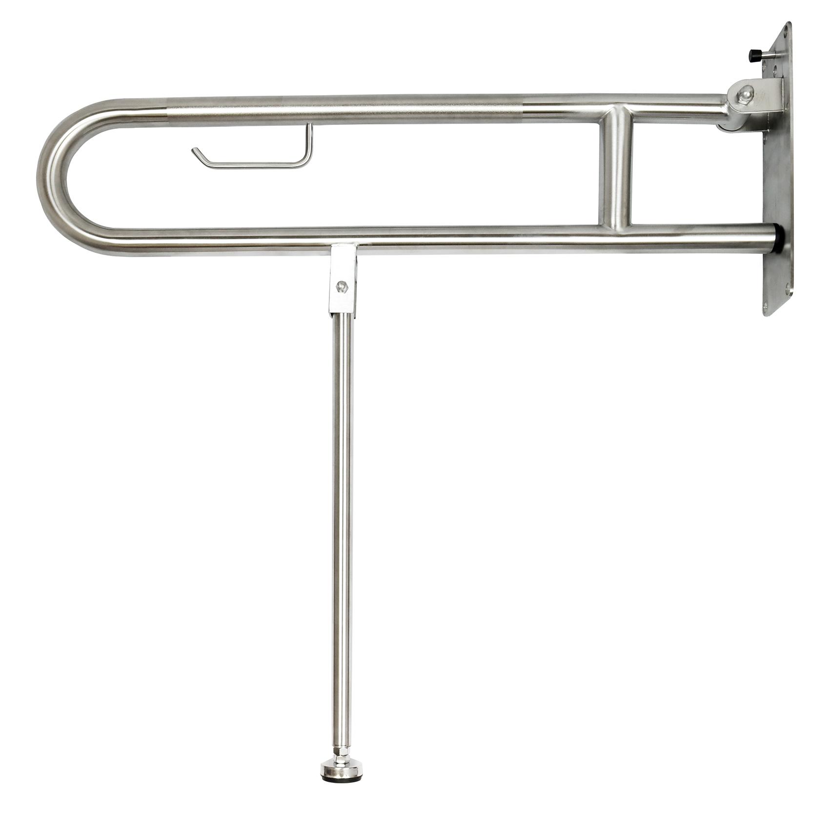 Drop down grab rail, with drop down leg and toilet roll holder, 35mm diameter x 900mm, peened stainless steel