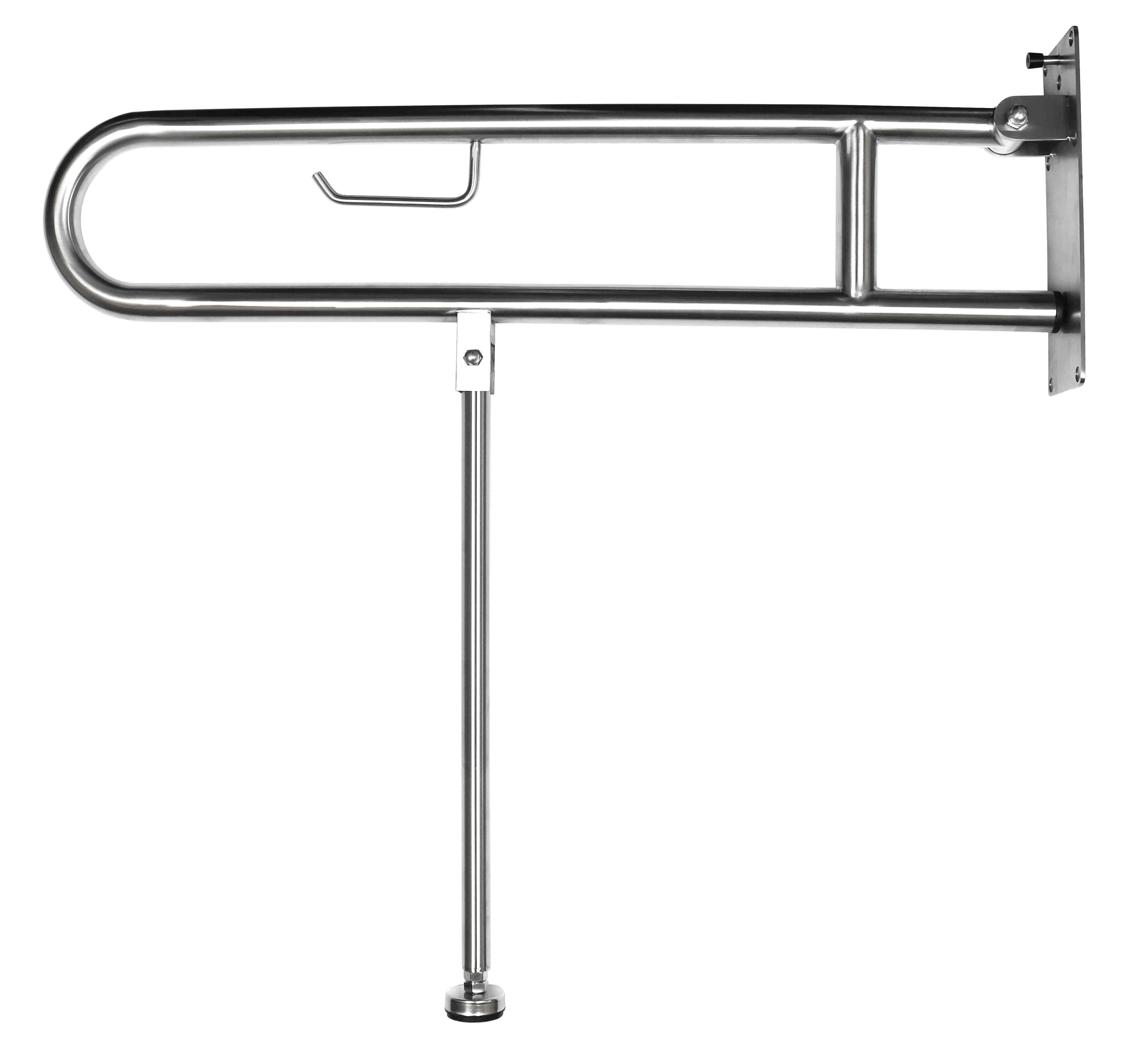 Drop down grab rail, with drop down leg and toilet roll holder, 35mm diameter x 900mm, brushed stainless steel
