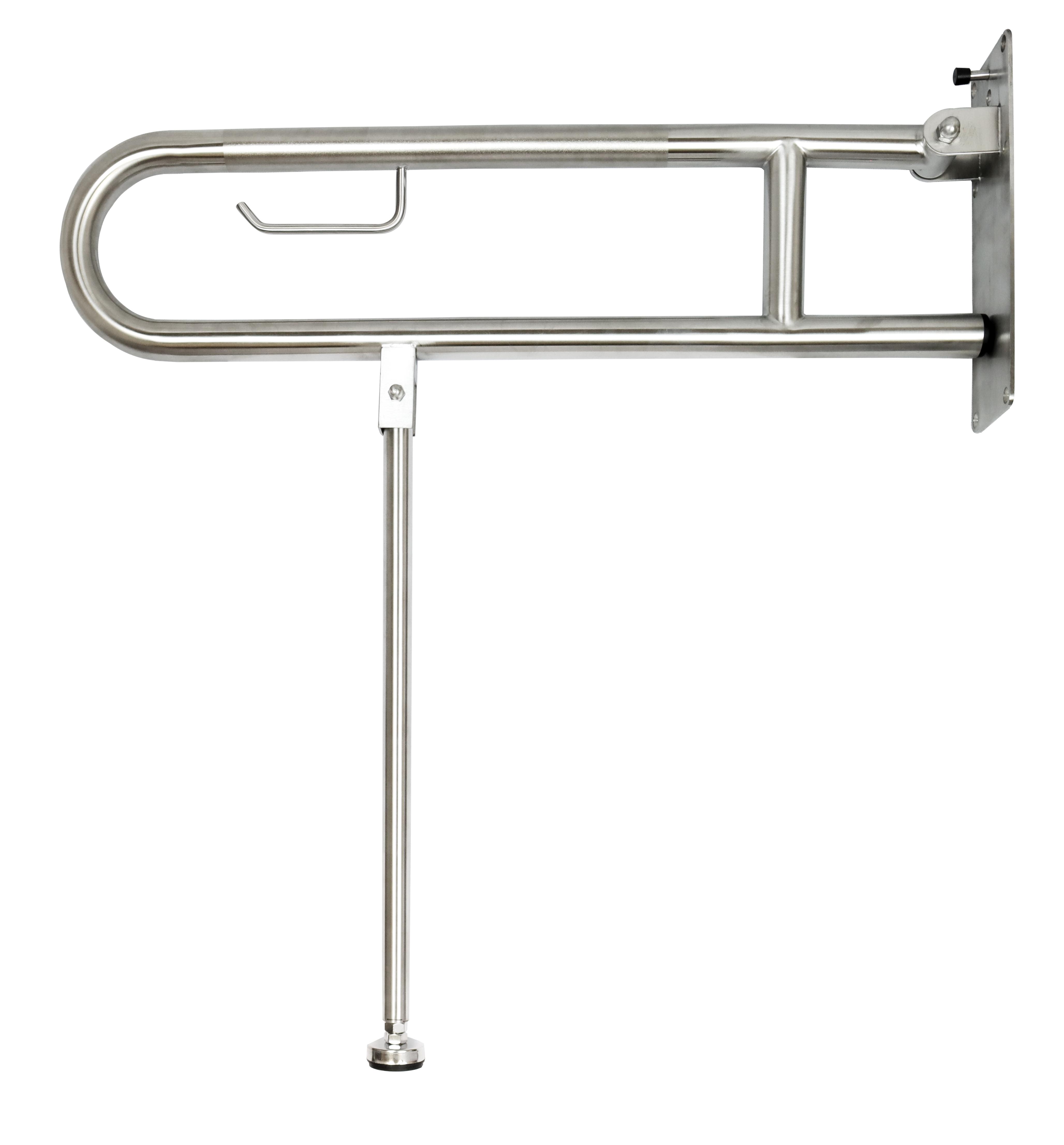 Drop down grab rail, with drop down leg and toilet roll holder, 35mm diameter x 800mm, peened stainless steel