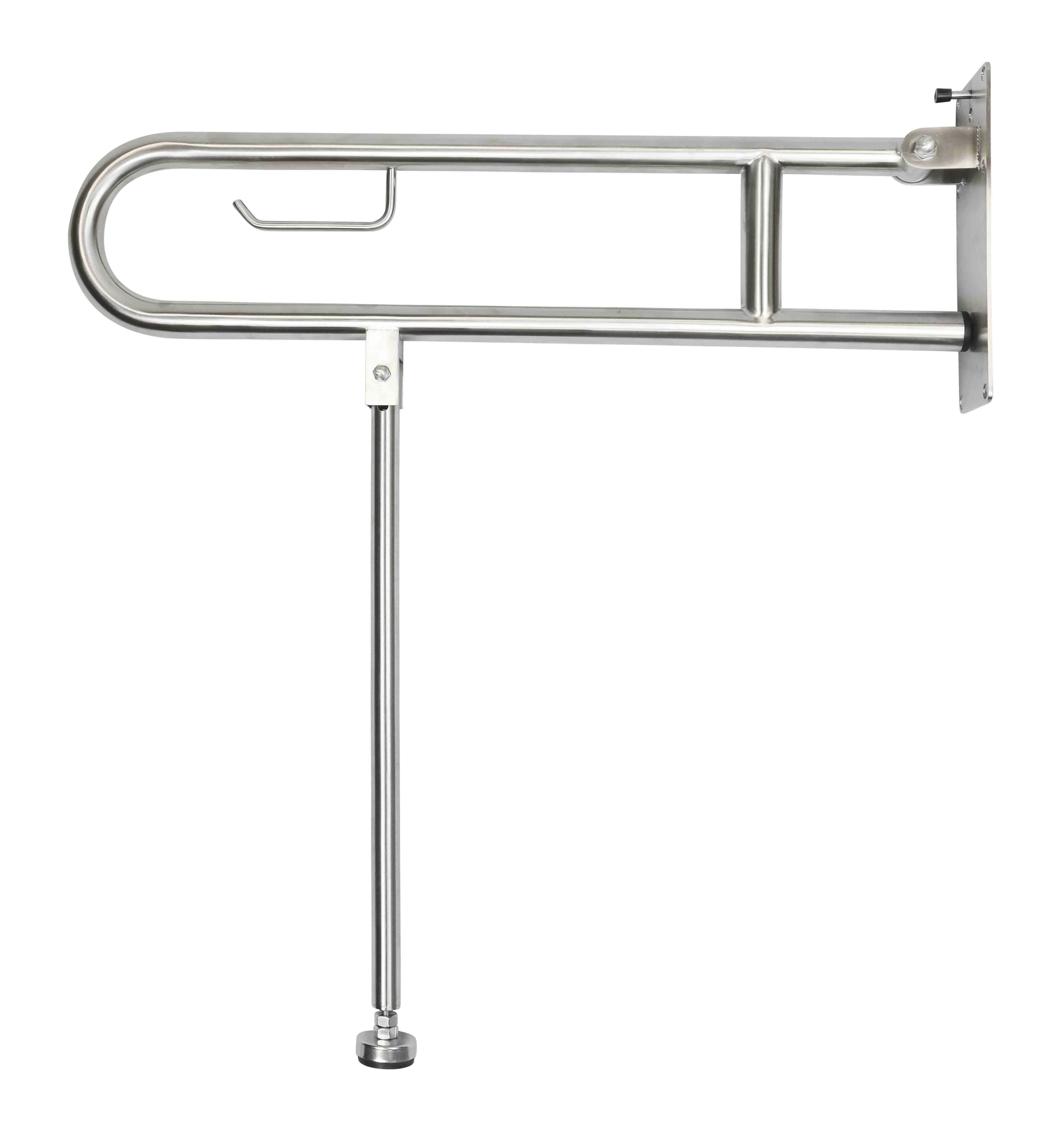 Drop down grab rail, with drop down leg and toilet roll holder, 35mm diameter x 800mm, brushed stainless steel